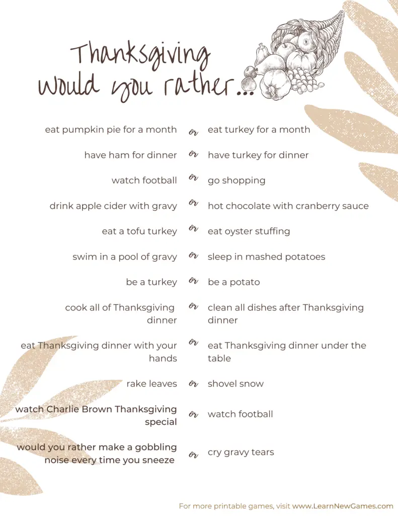 20 Fun Thanksgiving Would You Rather Questions - Minds in Bloom